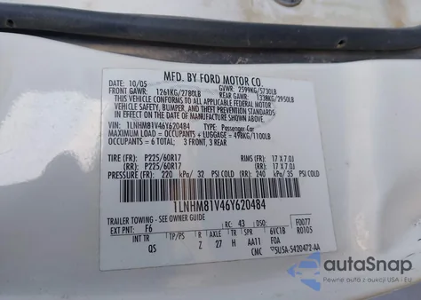 2006 Lincoln Town Car Signature from USA, damaged, VIN 1LNHM81V46Y620484